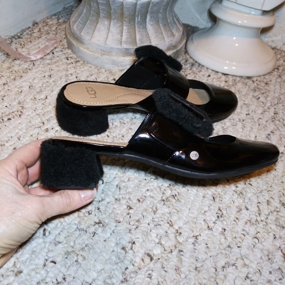 NWT UGG Hayden Blk Patent/Fur Mary Jane Pump Mules - Picture 5 of 11